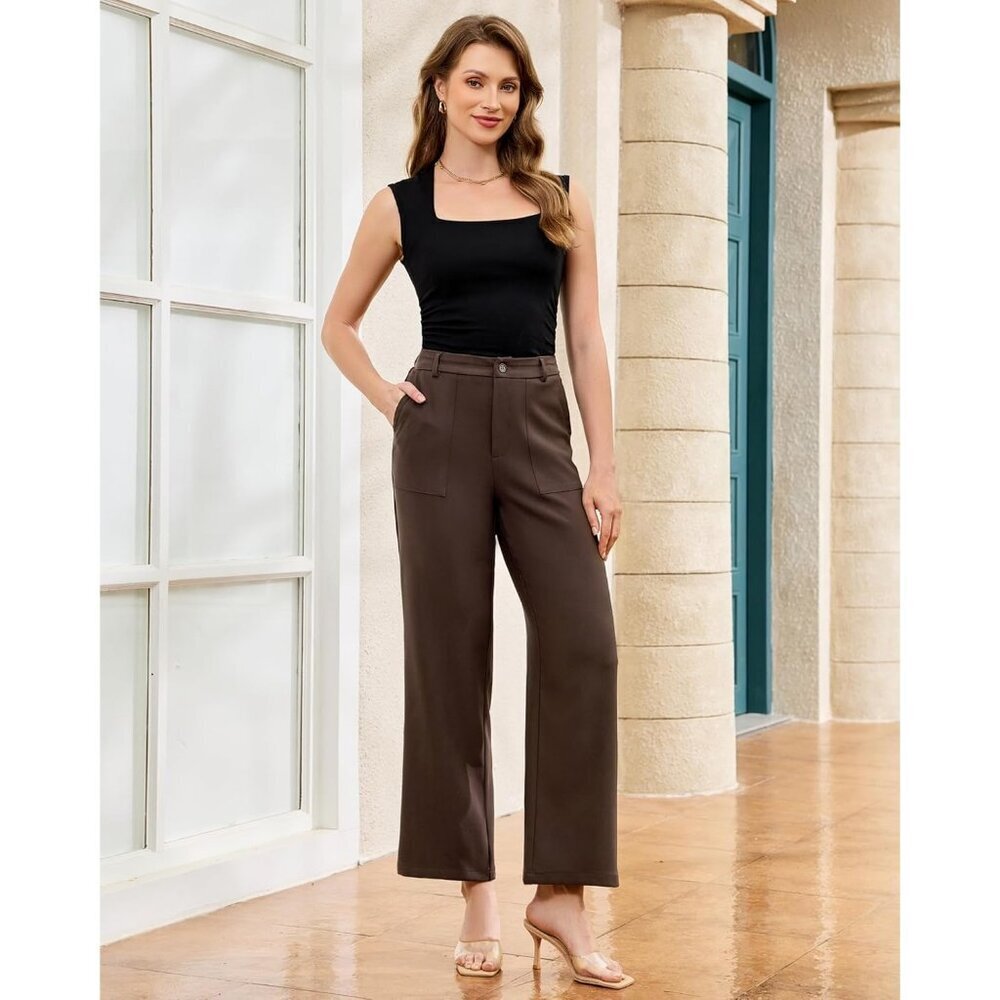 Women's Chocolate Brown Polyester High Waisted Elastic Wide Leg Dress Pant - Picture 3 of 7